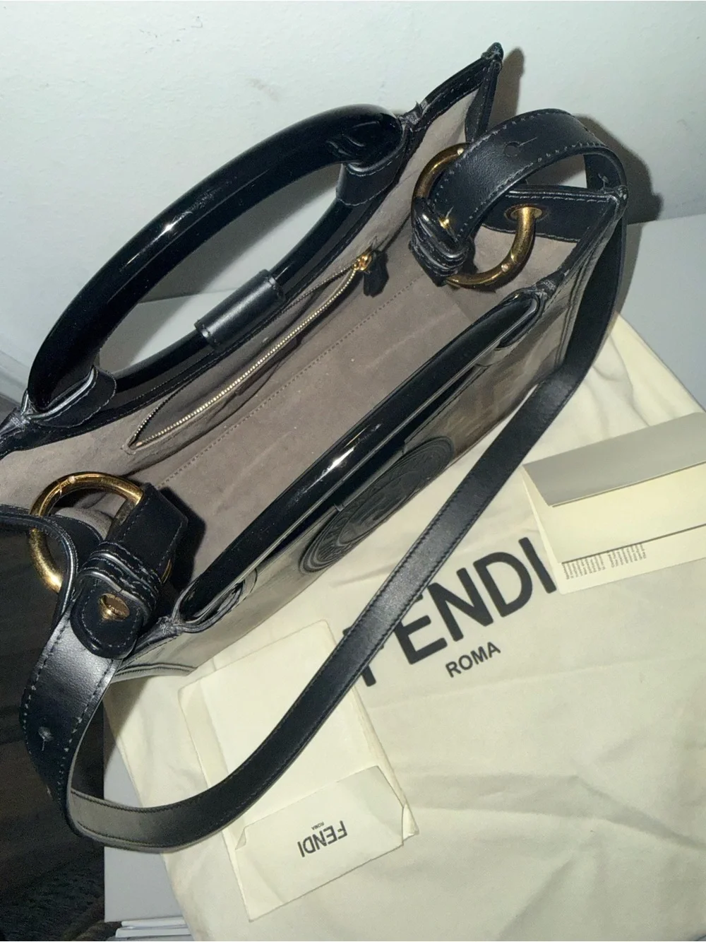 Fendi Brown FF Logo Satchel with Black Leather Handles